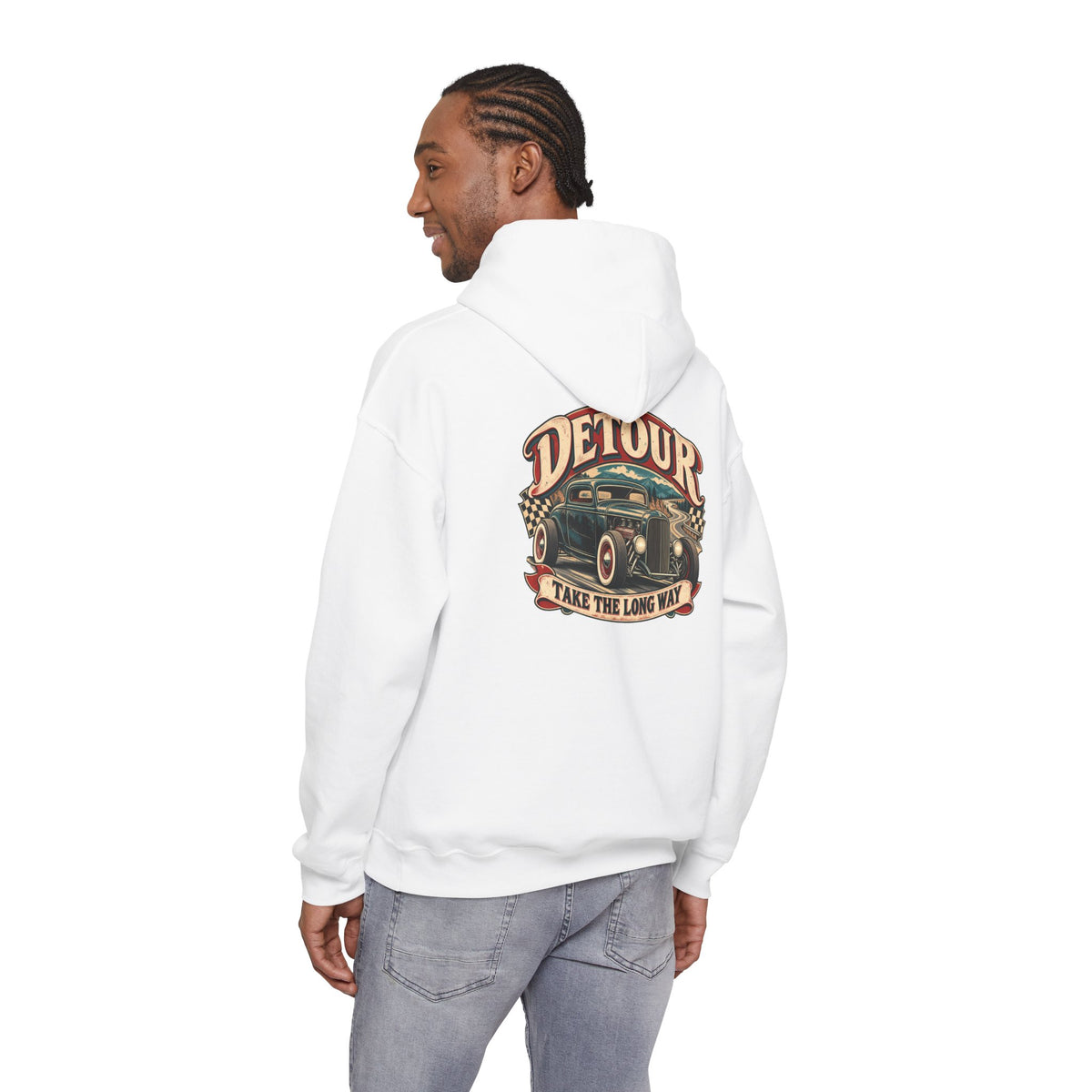 Detour Vintage Hot Rod Hoodie — "Take The Long Way" Classic Car Sweatshirt