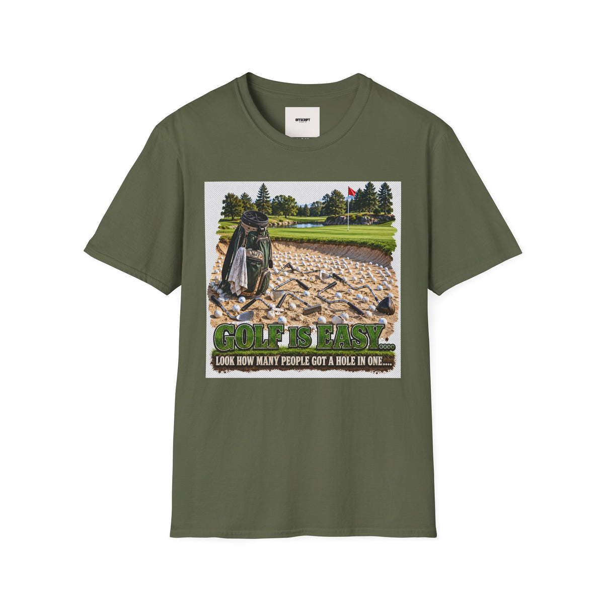 Golf Bunker Scene T-Shirt — "How Many People Live & Work In Dunes" Graphic Tee