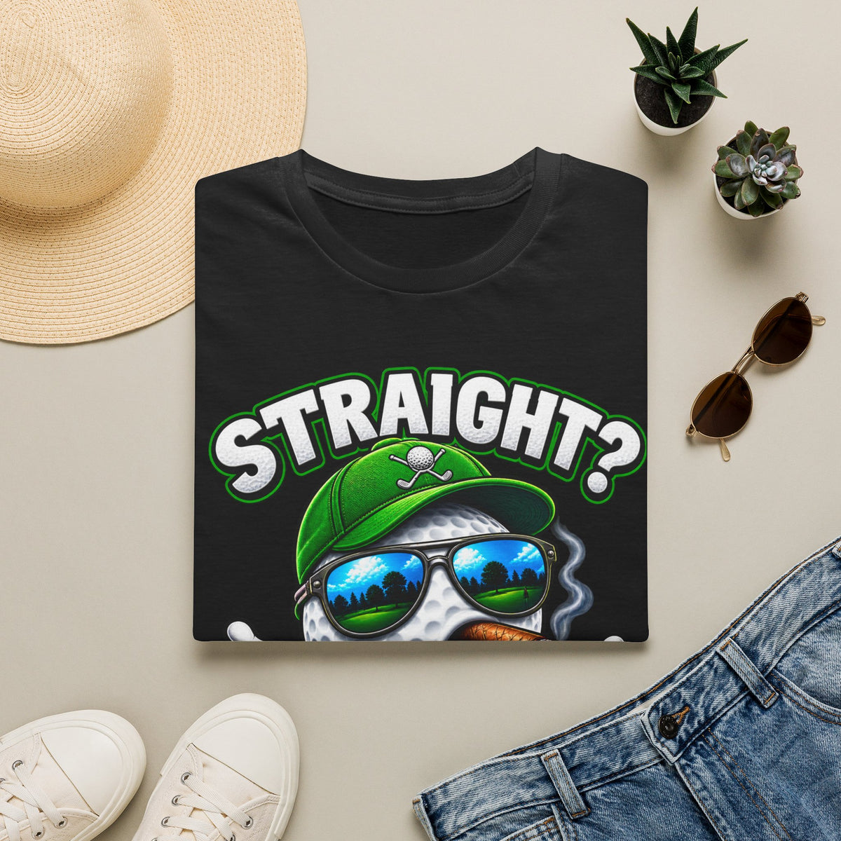 Golf Ball Graphic T-Shirt — "Straight? Never Heard of Her." Funny Golf Shirt