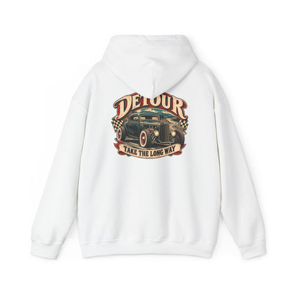 Detour Vintage Hot Rod Hoodie — "Take The Long Way" Classic Car Sweatshirt