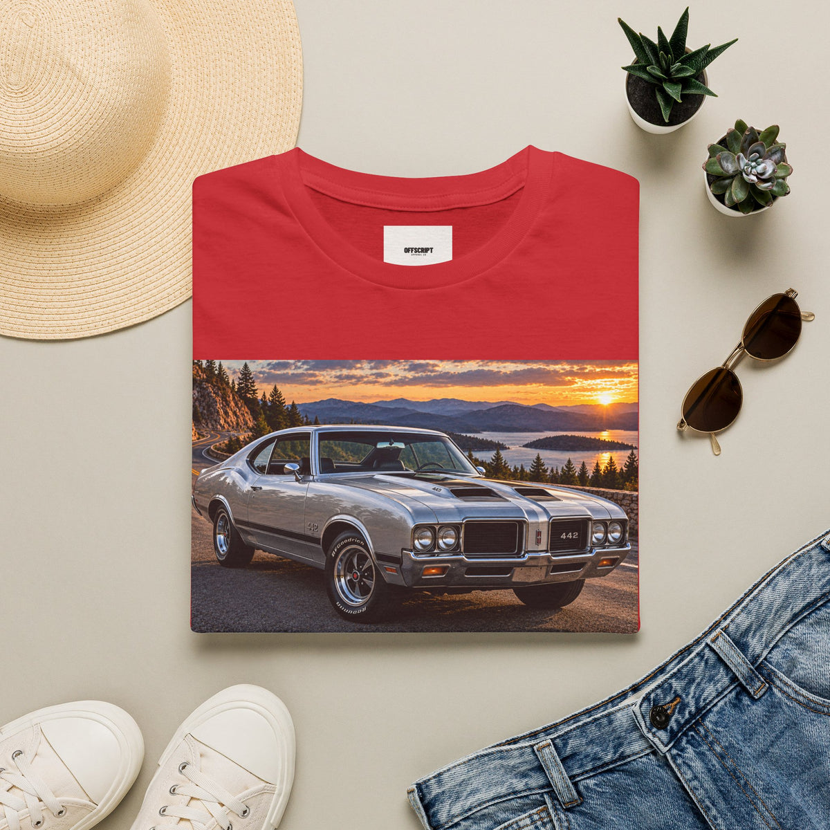 Classic Muscle Car Sunset T-Shirt — Vintage Oldsmobile Photo Tee