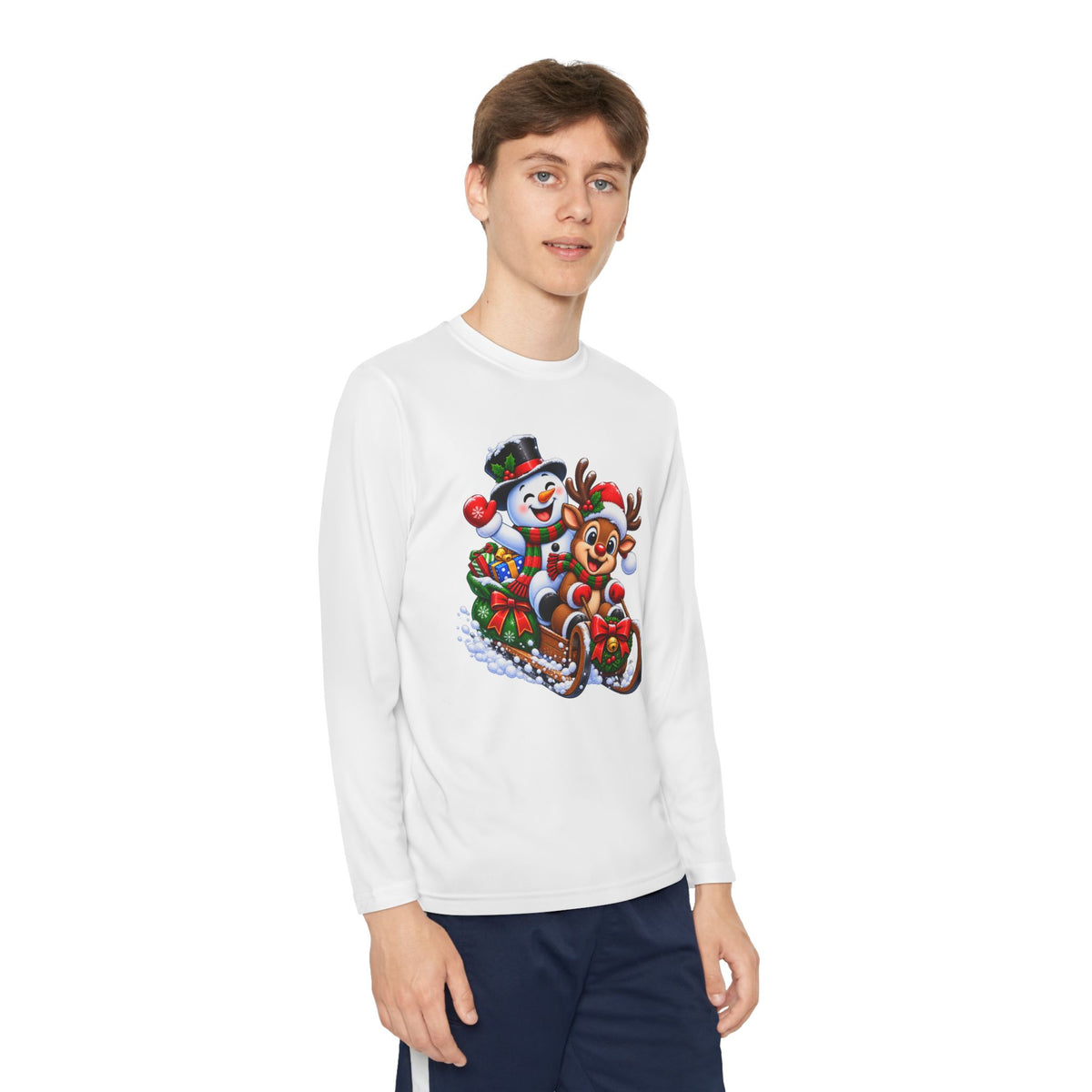 Kids' Christmas Sledding Tee — Snowman & Reindeer Holiday Long Sleeve