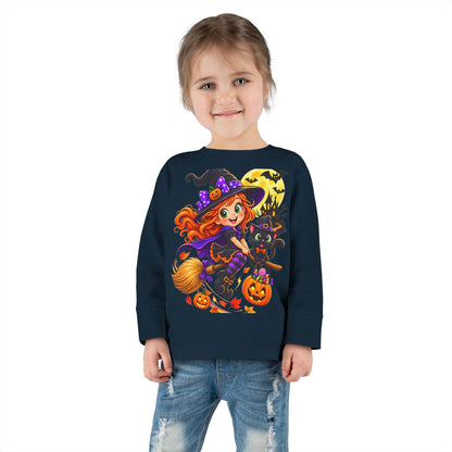Toddler Halloween Witch Long Sleeve Tee — Cute Witch & Black Cat Pumpkin Design