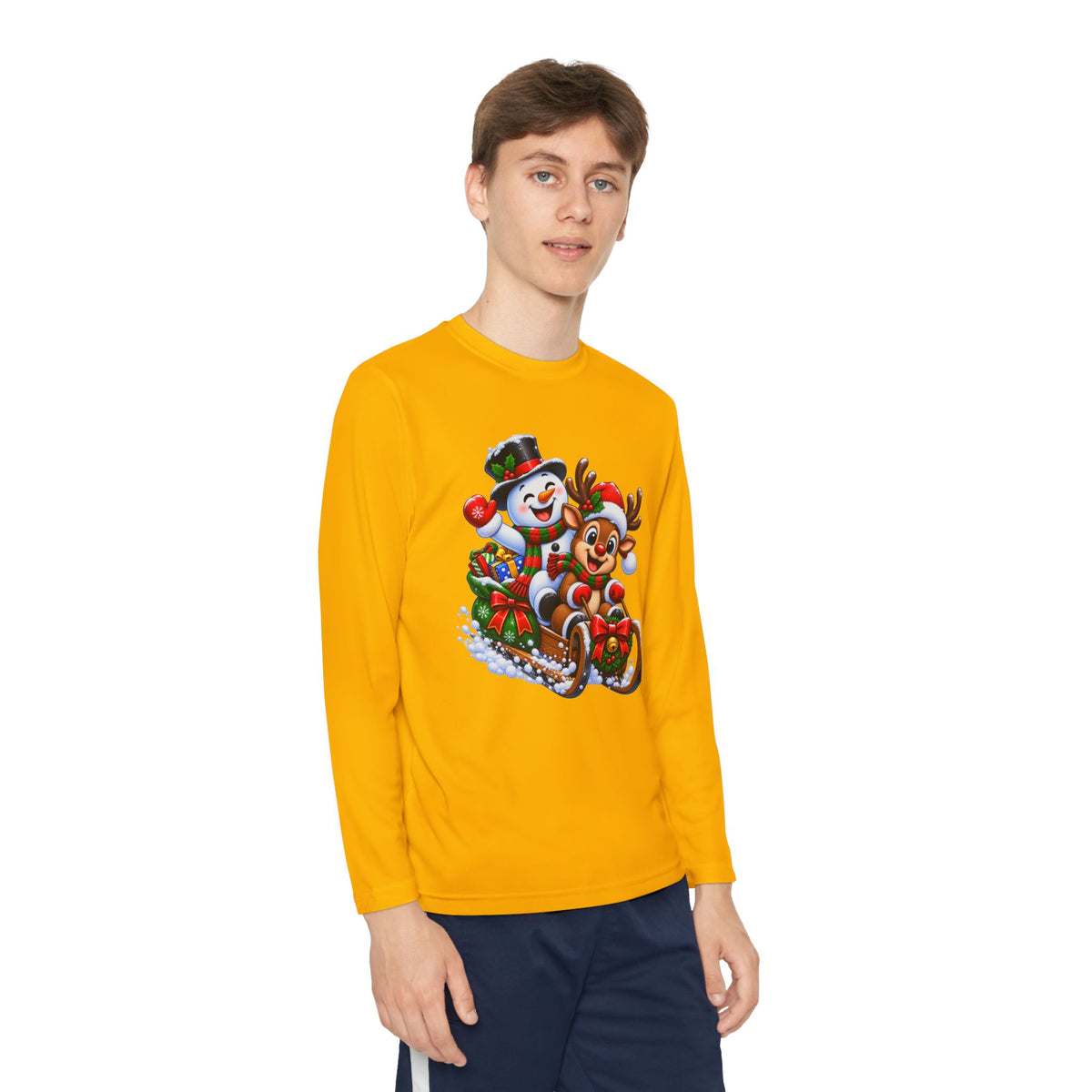 Kids' Christmas Sledding Tee — Snowman & Reindeer Holiday Long Sleeve