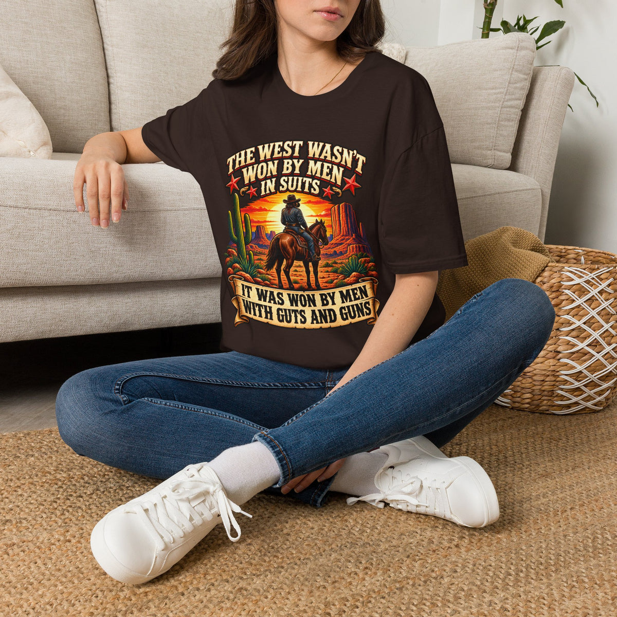 Western Graphic T-Shirt — “The West Wasn’t Won by Men in Suits” Cowboy Sunset Tee