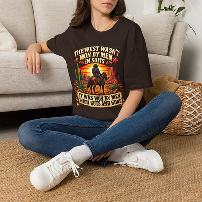Western Graphic T-Shirt — “The West Wasn’t Won by Men in Suits” Cowboy Sunset Tee