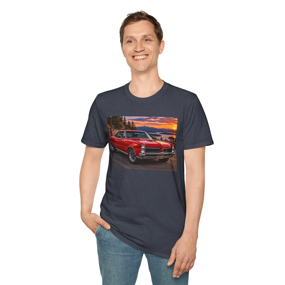 Classic Red Muscle Car T-Shirt — Vintage Pontiac Sunset Driving Tee