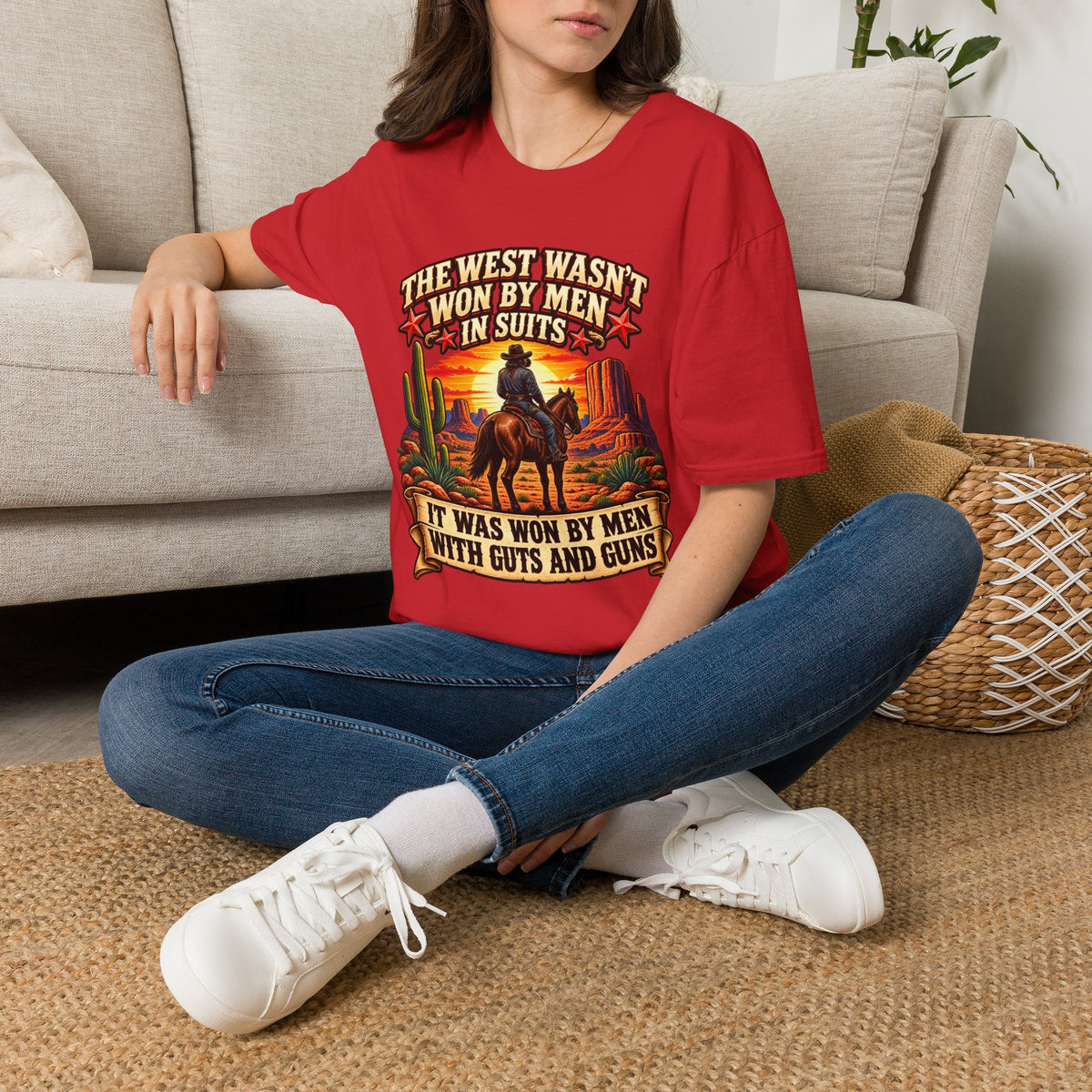 Western Graphic T-Shirt — “The West Wasn’t Won by Men in Suits” Cowboy Sunset Tee