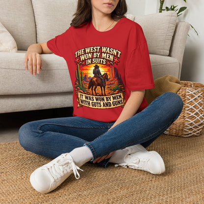 Western Graphic T-Shirt — “The West Wasn’t Won by Men in Suits” Cowboy Sunset Tee