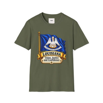 Louisiana State Flag T-Shirt — Pelican Emblem "Union, Justice & Confidence" Tee