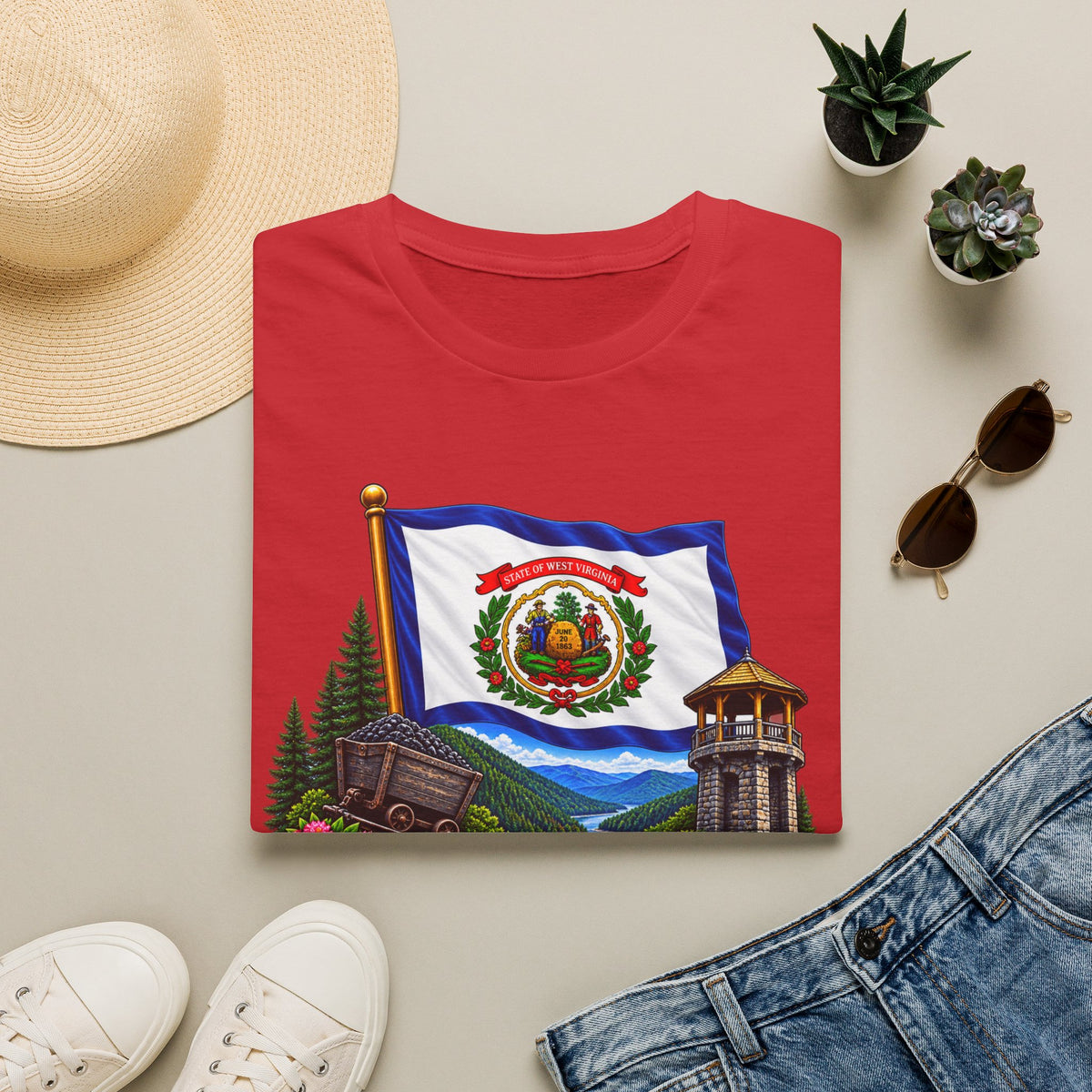 West Virginia Flag T-Shirt — State Pride Scenic Design ("Mountaineers Are Always Free")