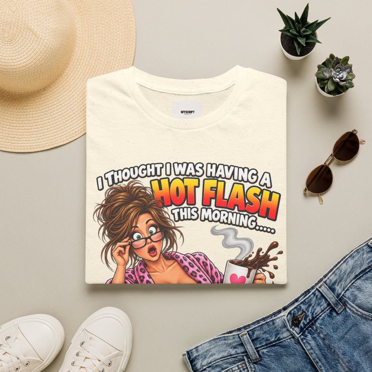 Hot Flash Coffee Tee — Funny Menopause T-Shirt (‘My Boobs Fell in the Coffee’)