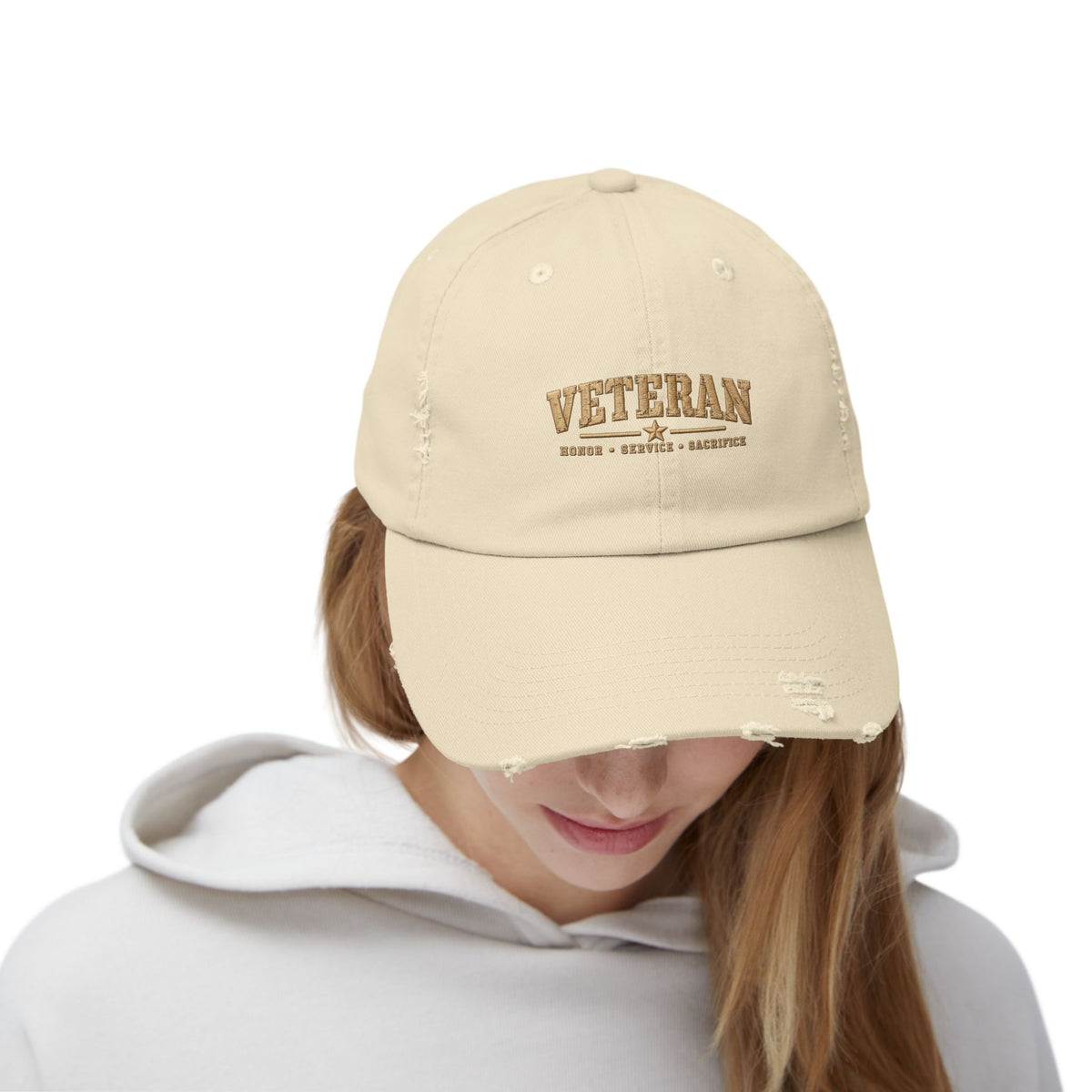 Veteran Distressed Cap — Honor Courage Sacrifice Embroidered Hat