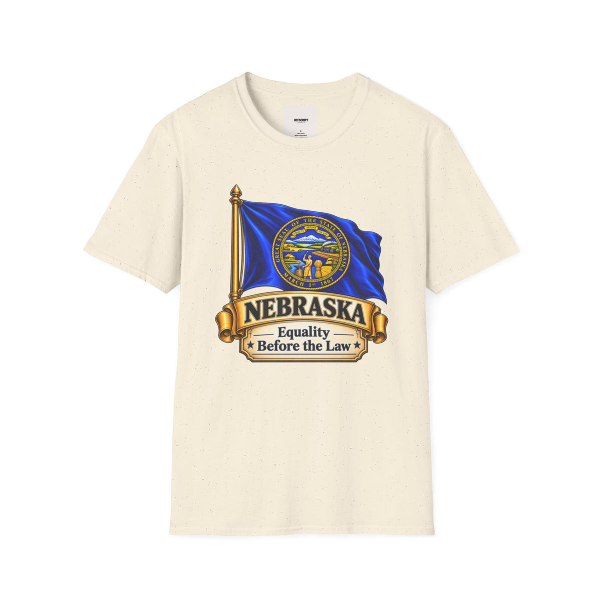 Nebraska Flag T-Shirt — State Seal ‘Nebraska: Equality Before the Law’