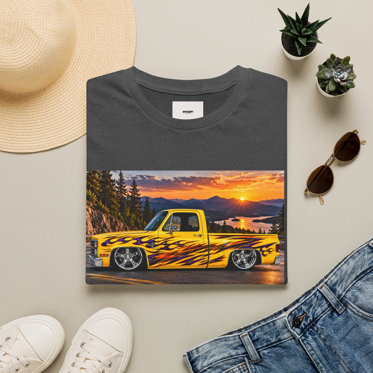 Yellow Flame Pickup T-Shirt — Sunset Classic Truck Graphic Tee