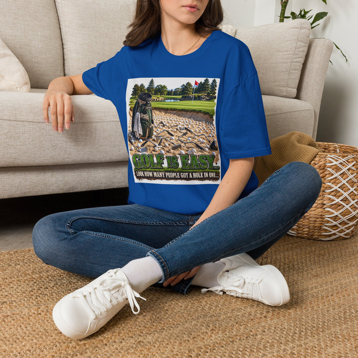 Golf Bunker Scene T-Shirt — "How Many People Live & Work In Dunes" Graphic Tee