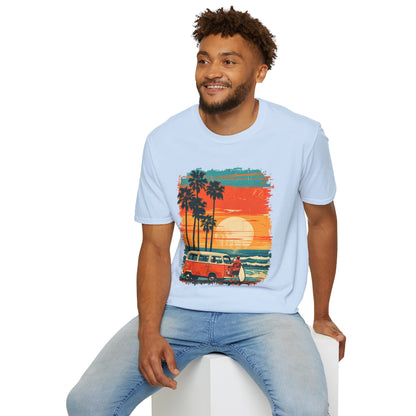 Retro Sunset Van T-Shirt – Tropical Beach Road Trip Graphic