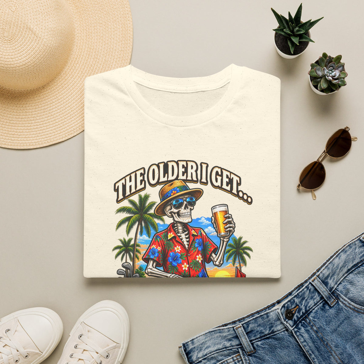 T-Shirt — “The Older I Get… The Further My Balls Go Into The Woods” Retro Tropical Skeleton Humor Tee