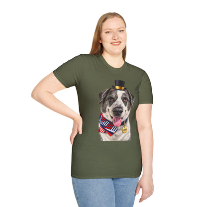 Patriotic Pup Tee — Dog with Top Hat & American Flag Bandana