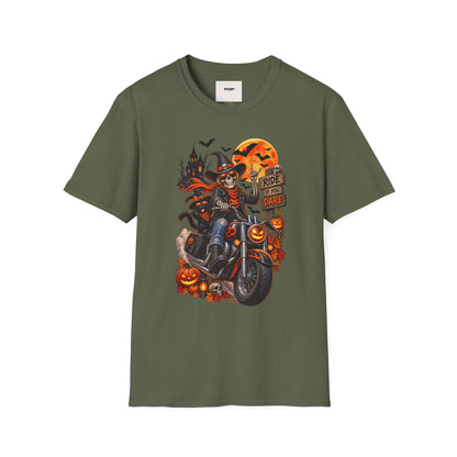 Halloween Biker Skeleton T-Shirt — "Ride If You Dare" Spooky Motorcycle Tee