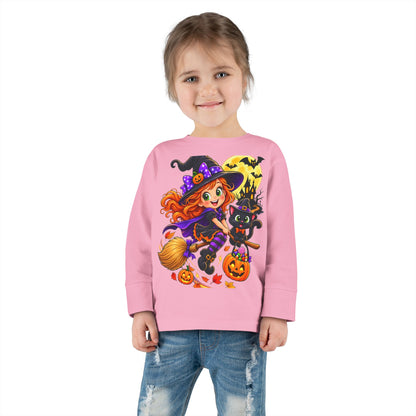 Toddler Halloween Witch Long Sleeve Tee — Cute Witch & Black Cat Pumpkin Design