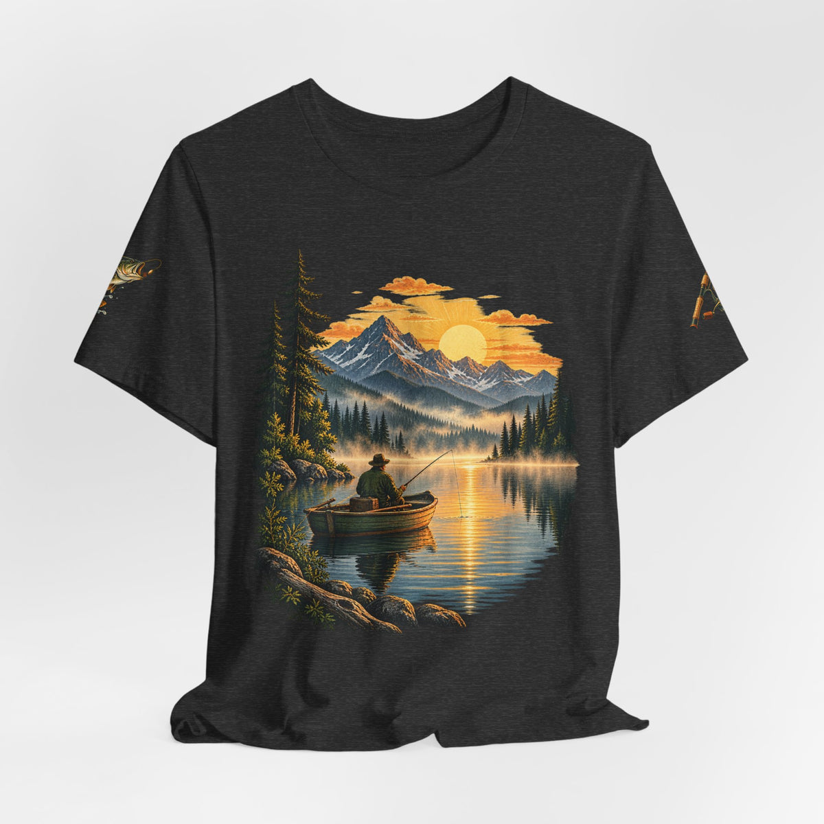 Sunset Lake Fishing T-Shirt — Mountain Boat Fishing Graphic Tee