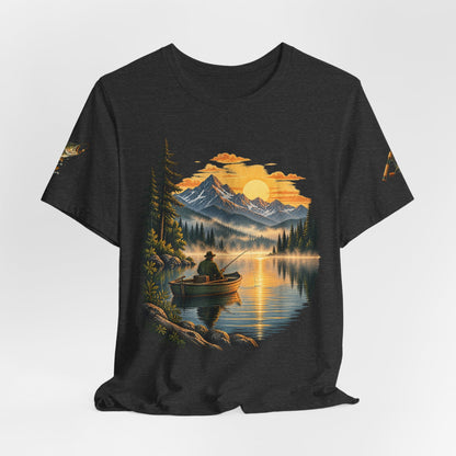 Sunset Lake Fishing T-Shirt — Mountain Boat Fishing Graphic Tee