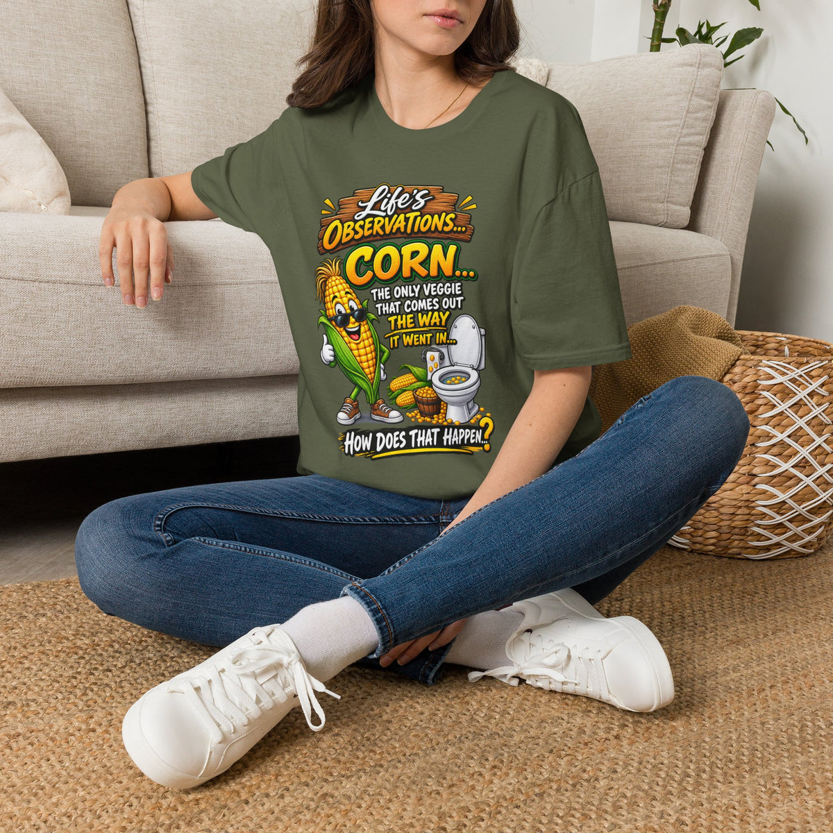 Life’s Observations: Corn Funny Graphic T-Shirt — 'Corn: The Only Veggie That Comes Out the Way'