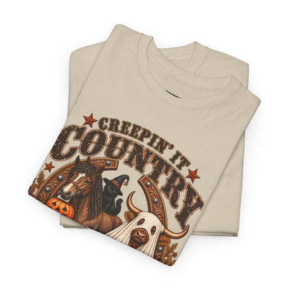 Country Halloween Tee — "Keepin' It Country Boo Y'all" Farm Animal Pumpkin T-Shirt