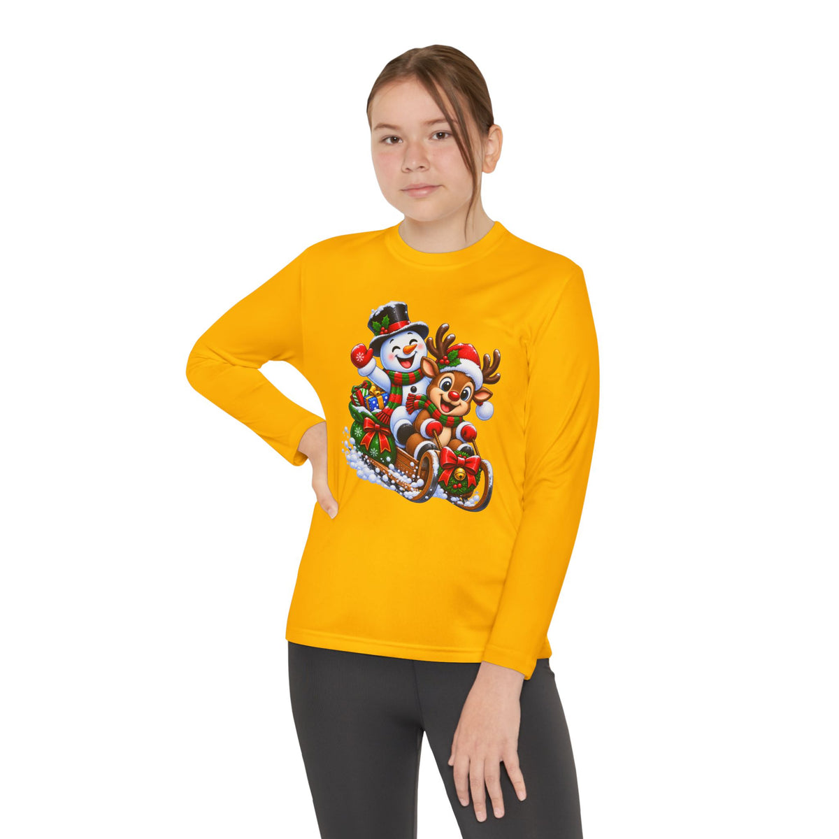 Kids' Christmas Sledding Tee — Snowman & Reindeer Holiday Long Sleeve
