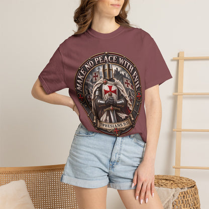 Make No Peace With Evil T-shirt | Crusader Helmet Ephesians 5:11