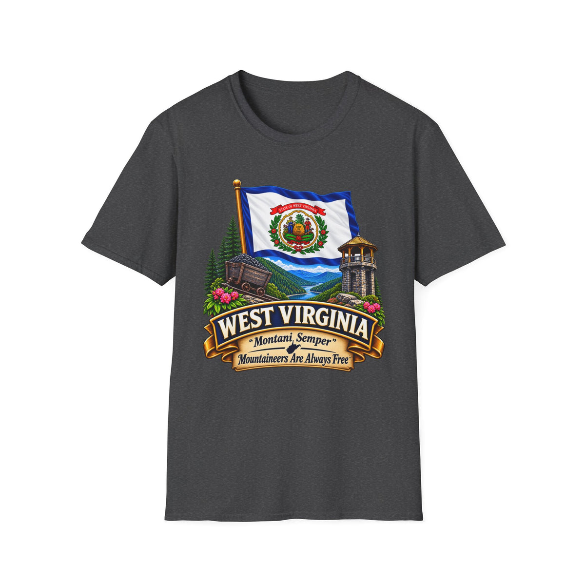 West Virginia Flag T-Shirt — State Pride Scenic Design ("Mountaineers Are Always Free")