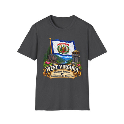 West Virginia Flag T-Shirt — State Pride Scenic Design ("Mountaineers Are Always Free")