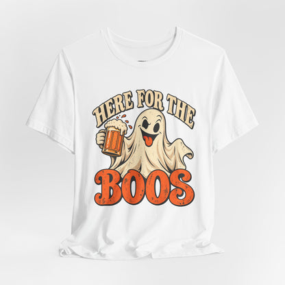 Here for the Boos Halloween T-Shirt — Ghost Drinking Beer Graphic Tee