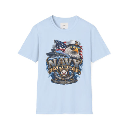 Navy Veteran Eagle T‑Shirt – Patriotic American Flag & Battleship Design