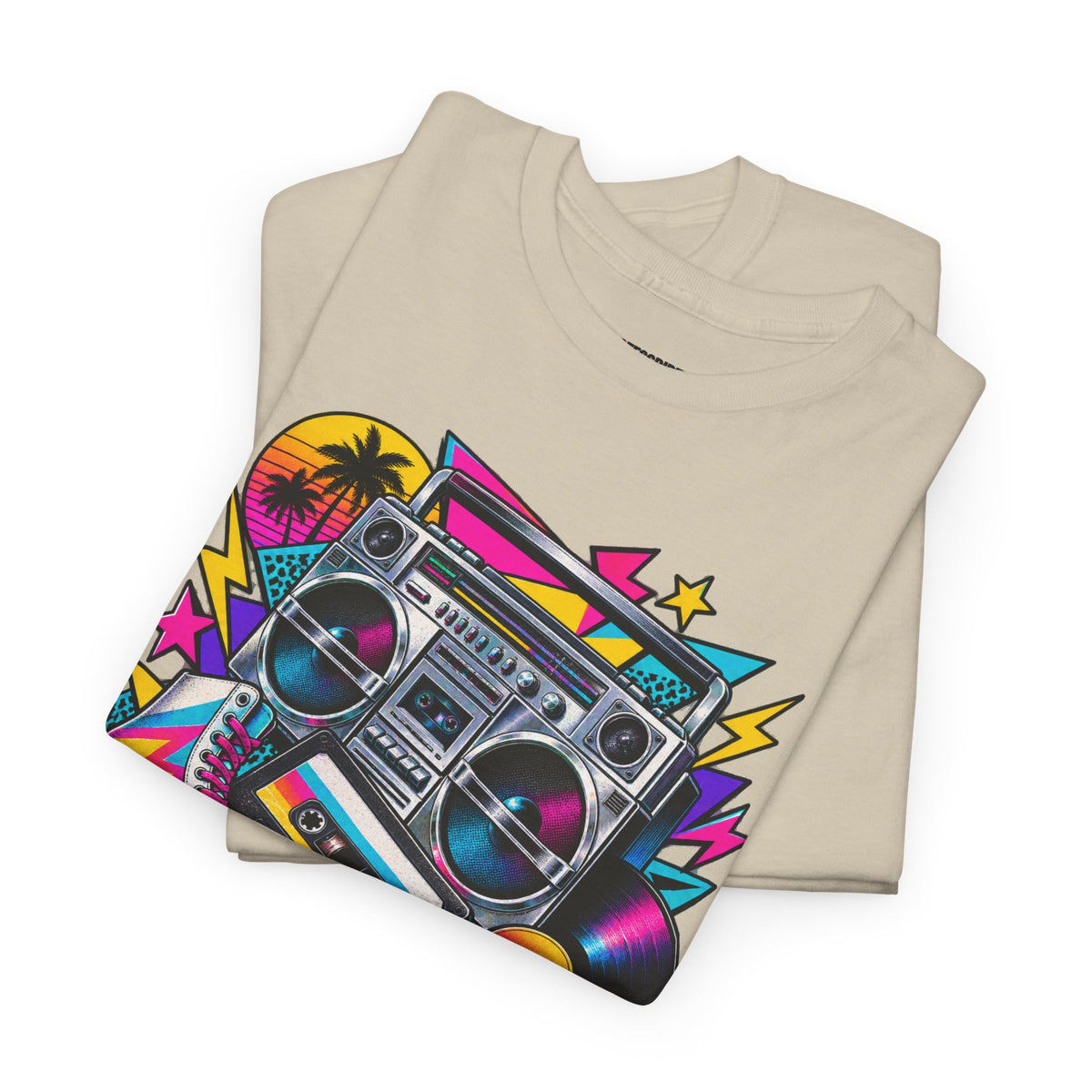 Retro Boombox Tee — 80s Neon Music Graphic T-Shirt