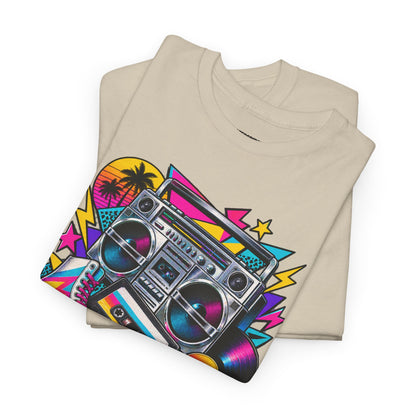 Retro Boombox Tee — 80s Neon Music Graphic T-Shirt