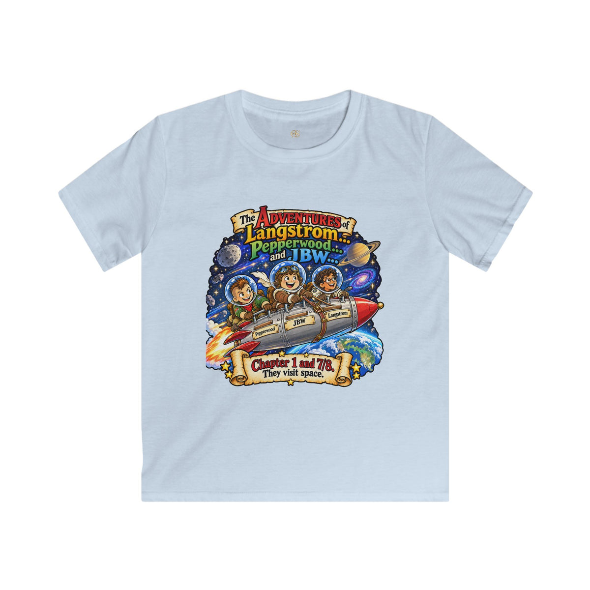 Kids Space Adventure Tee — 'The Adventures of Langstron, Pepperwood & JBW' Rocket Shirt