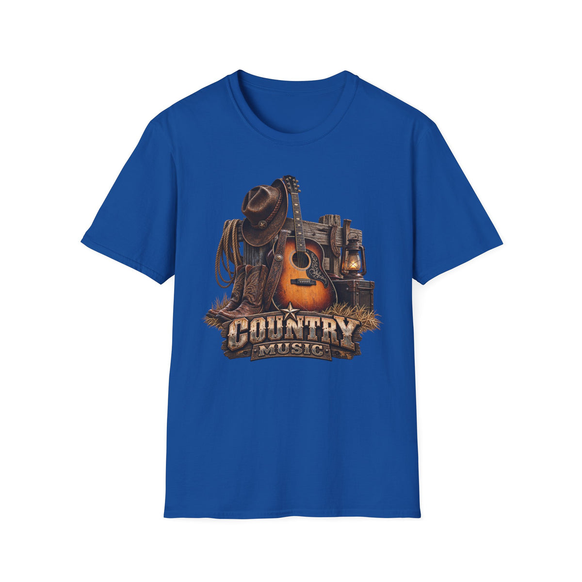 Country Music Guitar T-Shirt — Rustic Cowboy Hat & Lantern Graphic