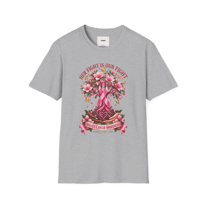 Breast Cancer Awareness T-Shirt – “Her Fight Is Our Fight” Pink Ribbon Floral Tee