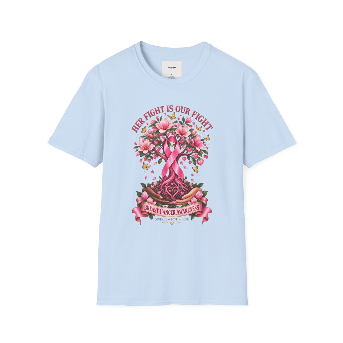 Breast Cancer Awareness T-Shirt – “Her Fight Is Our Fight” Pink Ribbon Floral Tee