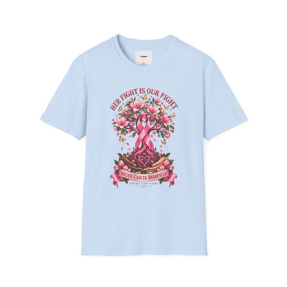 Breast Cancer Awareness T-Shirt – “Her Fight Is Our Fight” Pink Ribbon Floral Tee