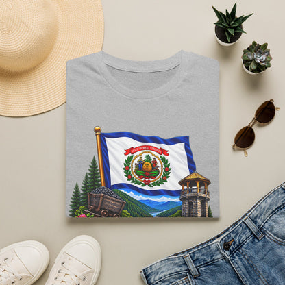 West Virginia Flag T-Shirt — State Pride Scenic Design ("Mountaineers Are Always Free")