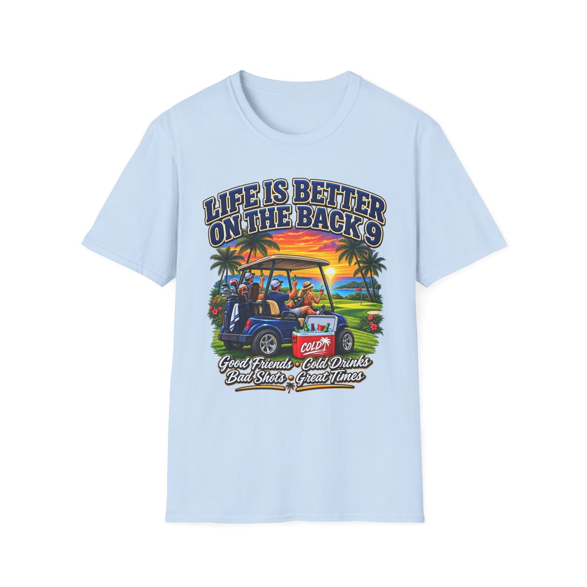 Golf T-Shirt — "Life Is Better on the Back 9" Sunset Golf Cart Design