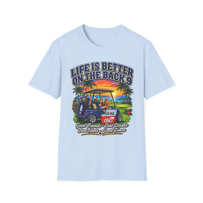 Golf T-Shirt — "Life Is Better on the Back 9" Sunset Golf Cart Design