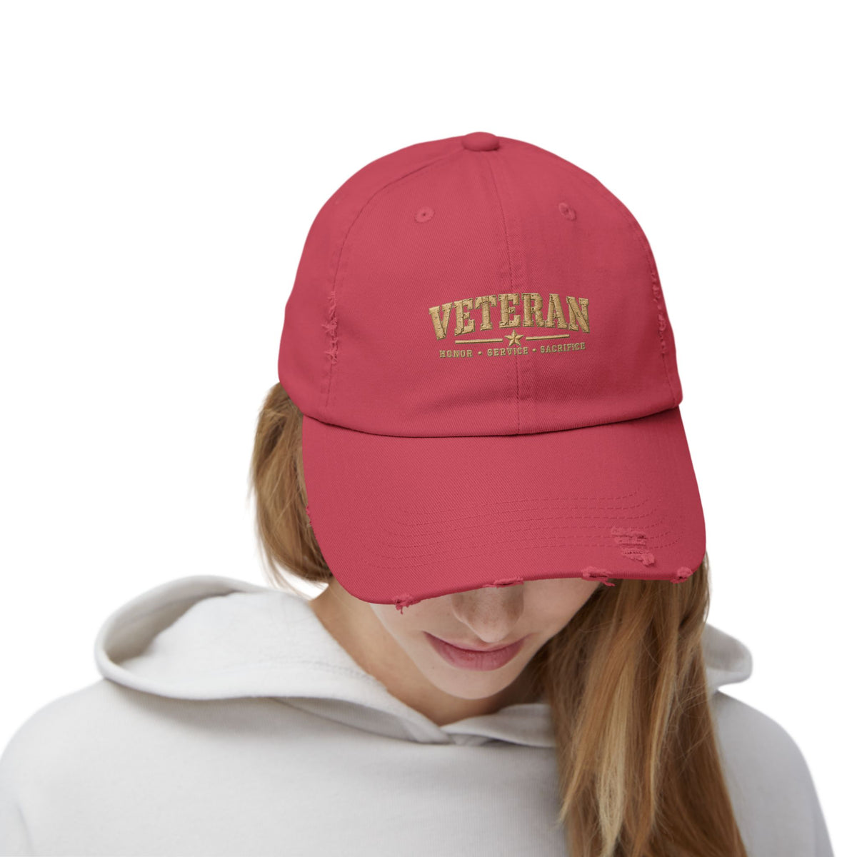 Veteran Distressed Cap — Honor Courage Sacrifice Embroidered Hat