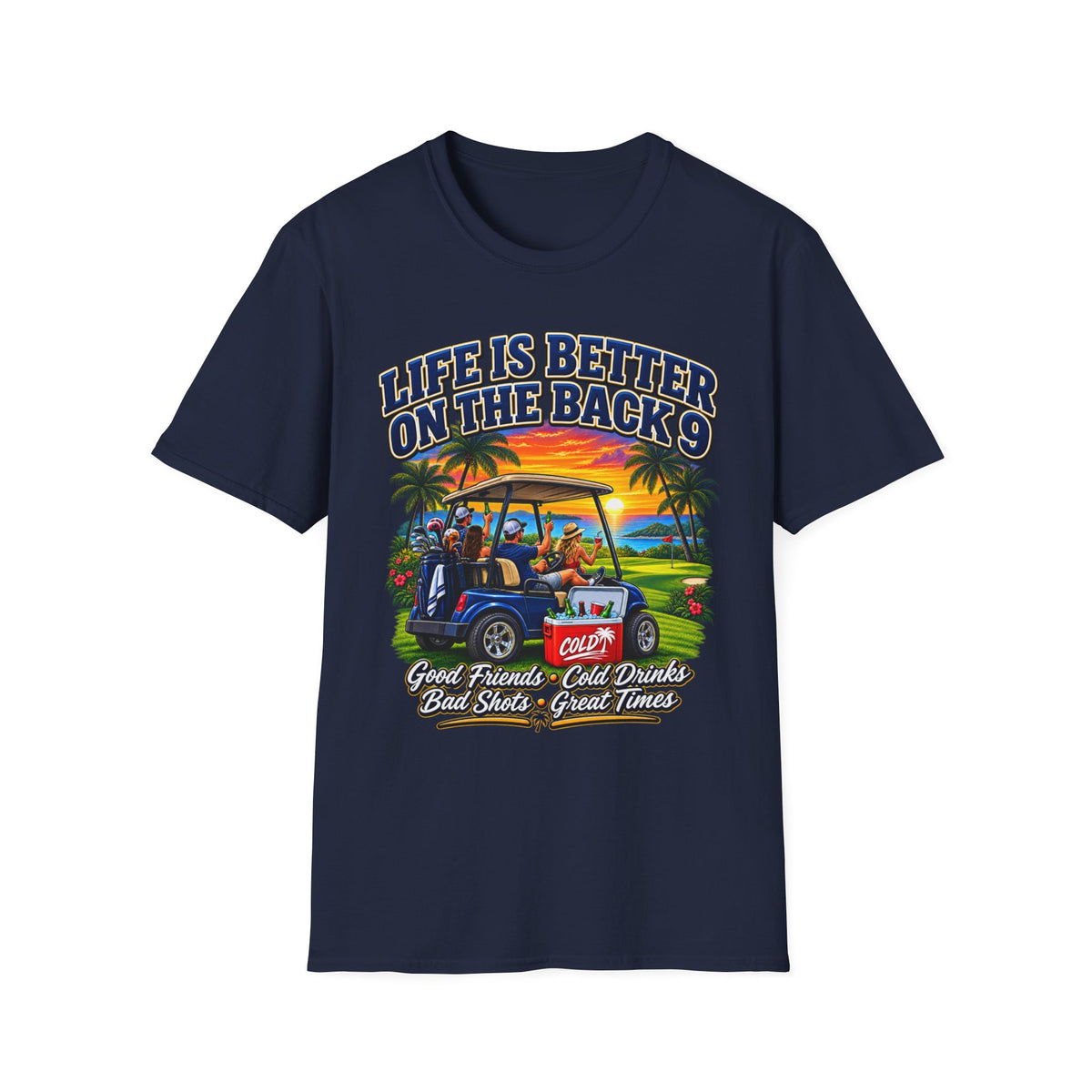 Golf T-Shirt — "Life Is Better on the Back 9" Sunset Golf Cart Design