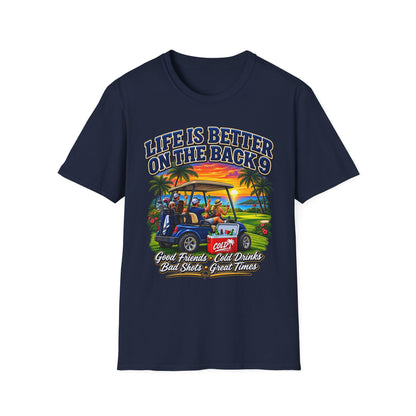 Golf T-Shirt — "Life Is Better on the Back 9" Sunset Golf Cart Design