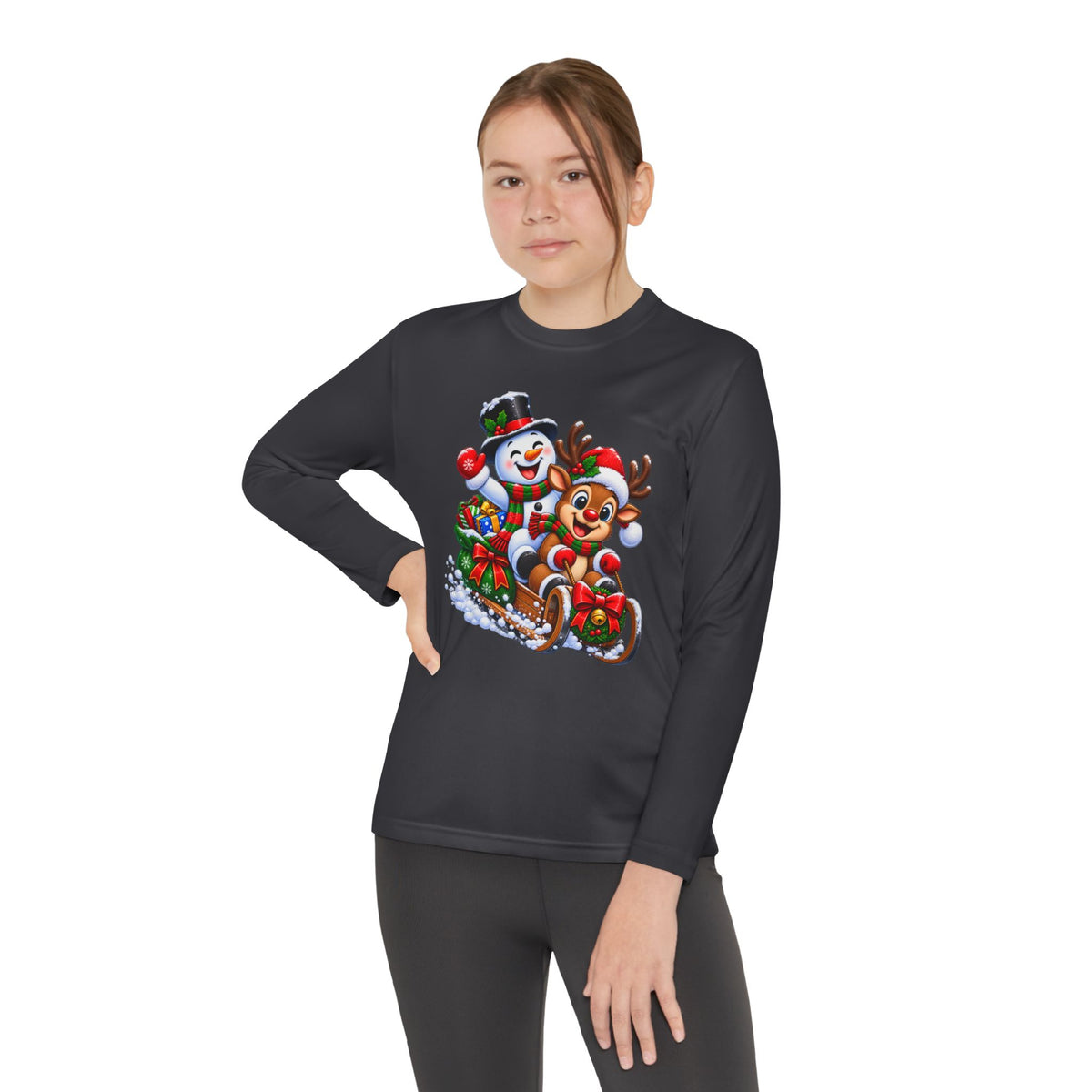 Kids' Christmas Sledding Tee — Snowman & Reindeer Holiday Long Sleeve