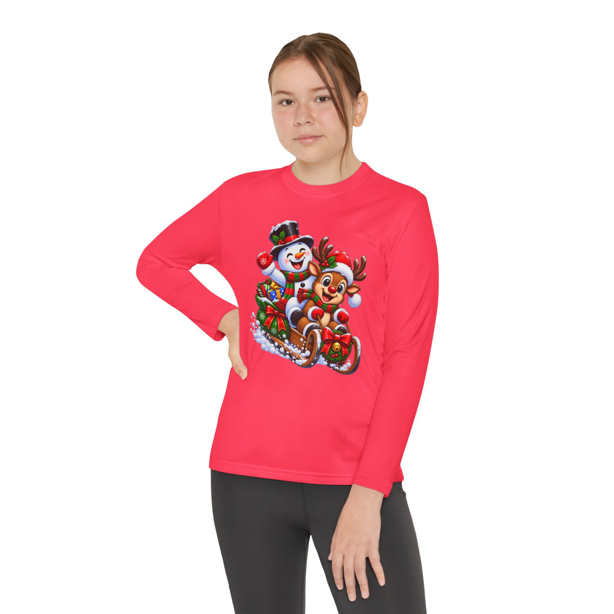 Kids' Christmas Sledding Tee — Snowman & Reindeer Holiday Long Sleeve